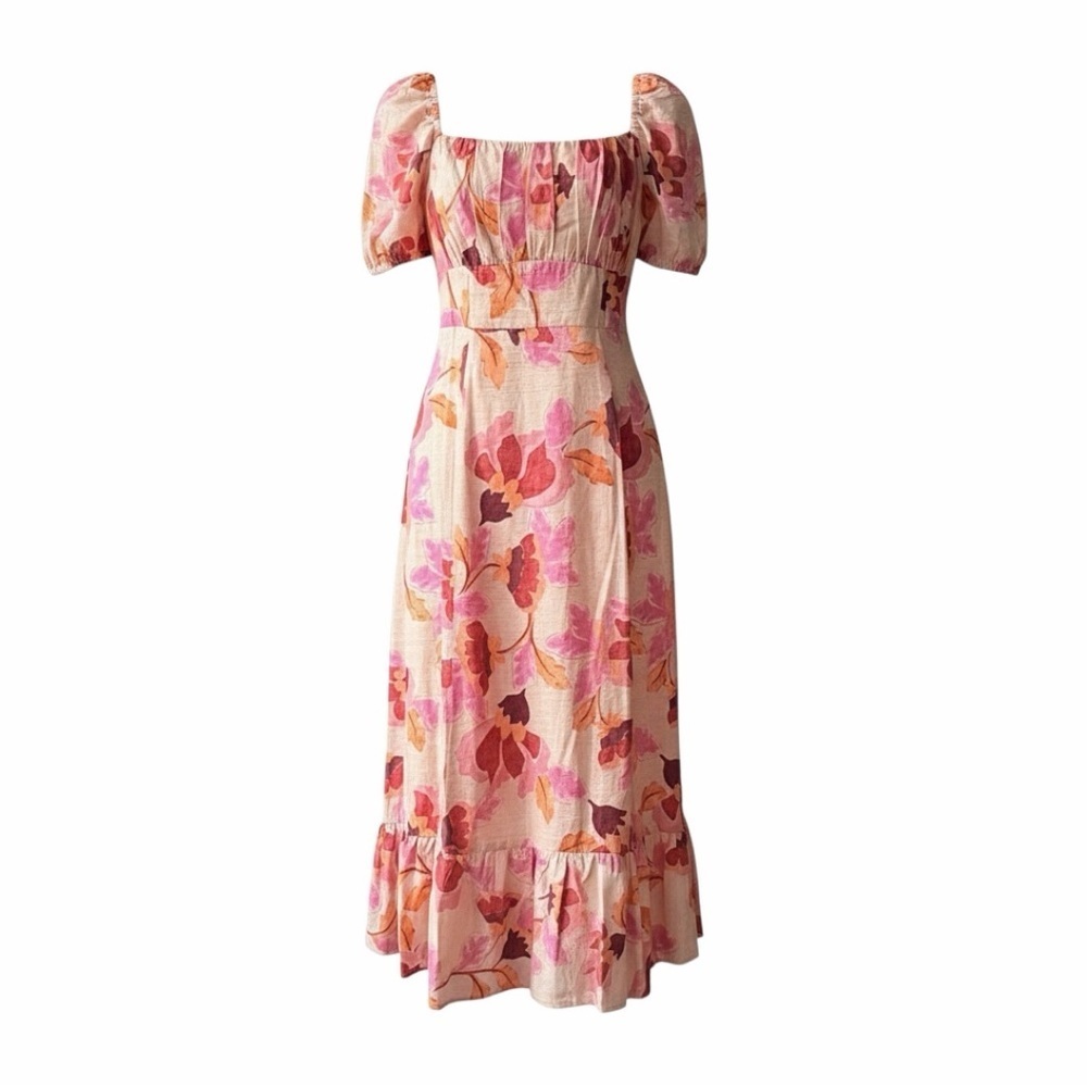 Women's London Times Floral Squareneck Puff Sleeve Empire Waist Midi Dress Sz 10